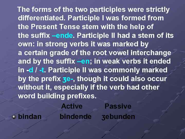 The forms of the two participles were strictly differentiated. Participle I was formed from