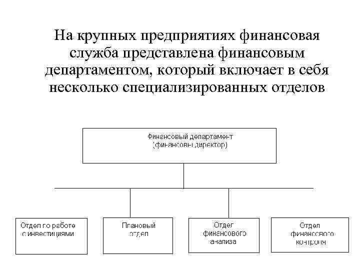 На крупных предприятиях финансовая служба представлена финансовым департаментом, который включает в себя несколько специализированных