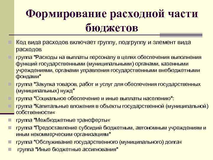 Формирование расходной части бюджетов n Код вида расходов включает группу, подгруппу и элемент вида