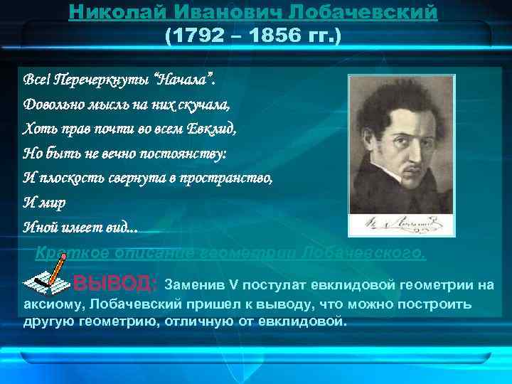 Николай Иванович Лобачевский (1792 – 1856 гг. ) Все! Перечеркнуты “Начала”. Довольно мысль на