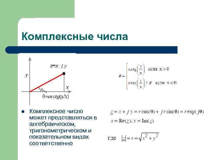 Комплексные числа l Комплексное число может представляться в алгебраическом, тригонометрическом и показательном видах соответственно