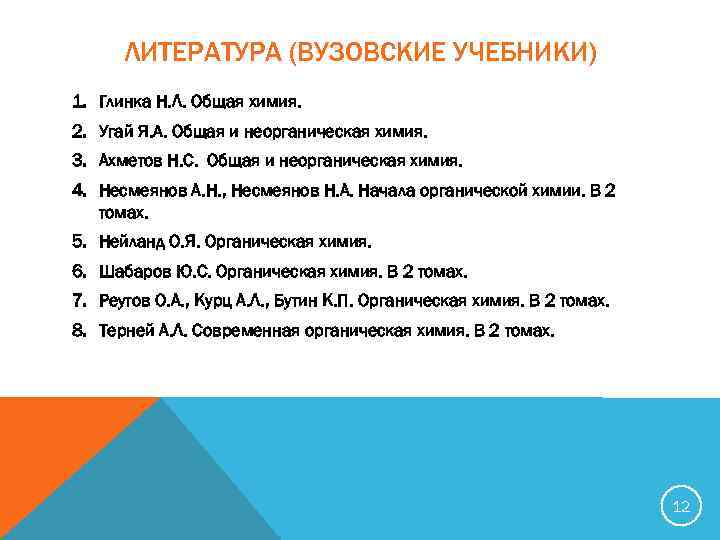 ЛИТЕРАТУРА (ВУЗОВСКИЕ УЧЕБНИКИ) 1. Глинка Н. Л. Общая химия. 2. Угай Я. А. Общая