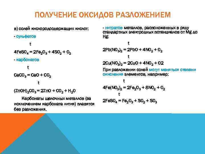 ПОЛУЧЕНИЕ ОКСИДОВ РАЗЛОЖЕНИЕМ в) солей кислородсодержащих кислот: - сульфатов t 4 Fe. S 04