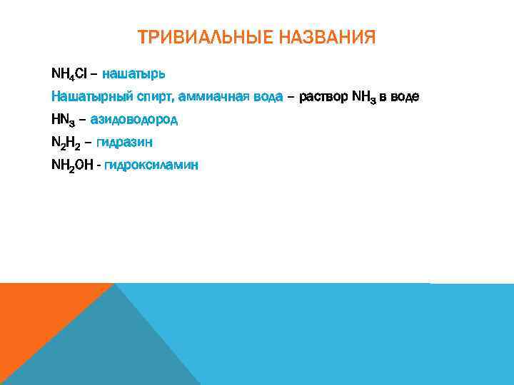 ТРИВИАЛЬНЫЕ НАЗВАНИЯ NH 4 Cl – нашатырь Нашатырный спирт, аммиачная вода – раствор NH