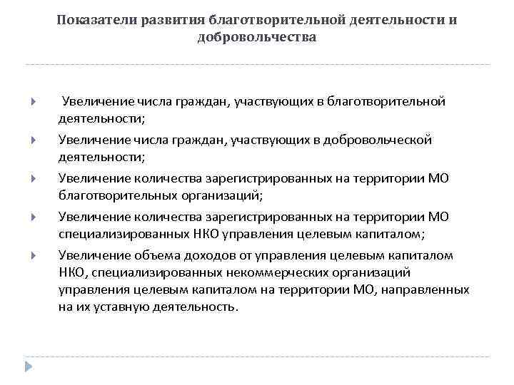 Показатели развития благотворительной деятельности и добровольчества Увеличение числа граждан, участвующих в благотворительной деятельности; Увеличение