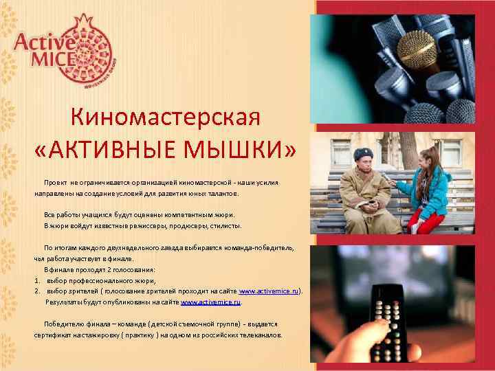 Киномастерская «АКТИВНЫЕ МЫШКИ» Проект не ограничивается организацией киномастерской - наши усилия направлены на создание