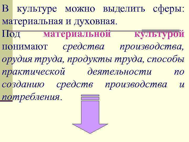 В культуре можно выделить сферы: материальная и духовная. Под материальной культурой понимают средства производства,