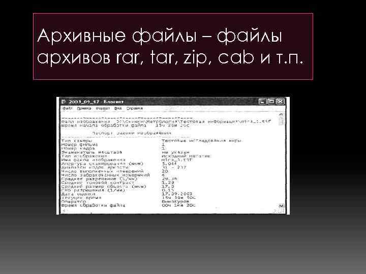 Архивные файлы – файлы архивов rar, tar, zip, cab и т. п. 