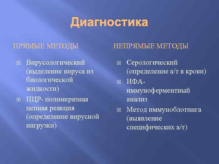 Диагностика ПРЯМЫЕ МЕТОДЫ Вирусологический (выделение вируса из биологической жидкости) ПЦР- полимеразная цепная реакция (определение