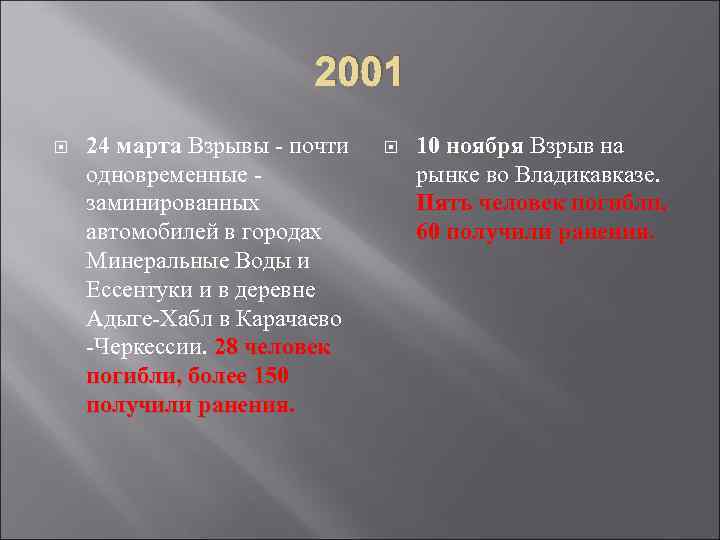 2001 24 марта Взрывы - почти одновременные заминированных автомобилей в городах Минеральные Воды и