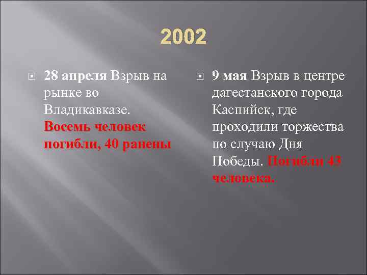 2002 28 апреля Взрыв на рынке во Владикавказе. Восемь человек погибли, 40 ранены 9