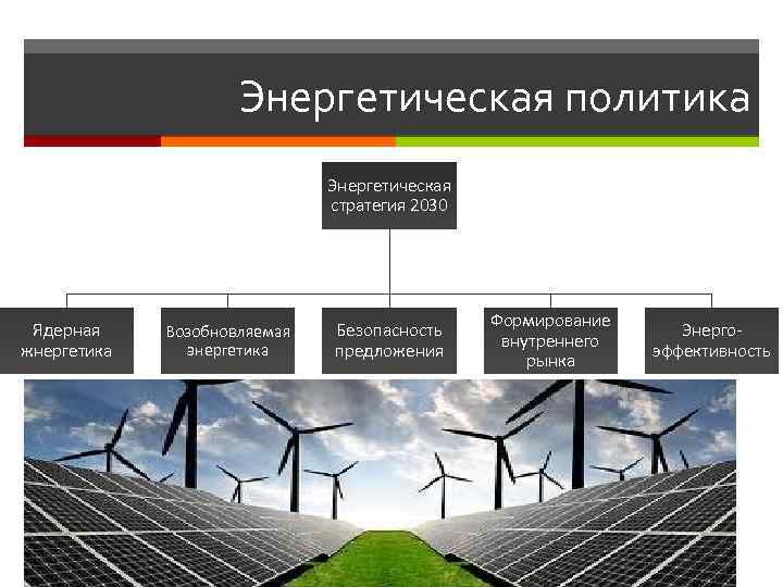 Энергетическая политика Энергетическая стратегия 2030 Ядерная жнергетика Возобновляемая энергетика Безопасность предложения Формирование внутреннего рынка