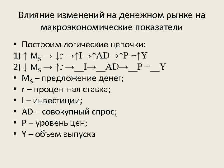 Влияние изменений на денежном рынке на макроэкономические показатели • Построим логические цепочки: 1) ↑