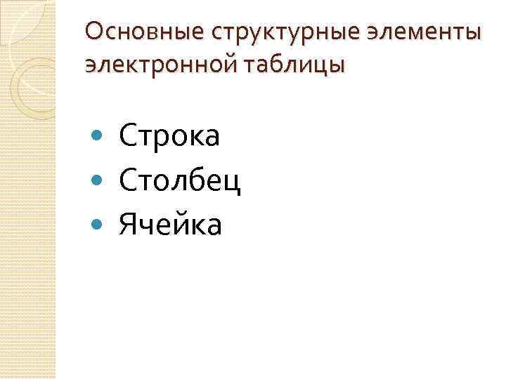 Основные структурные элементы электронной таблицы Строка Столбец Ячейка 