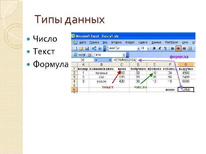 Типы данных Число Текст Формула 