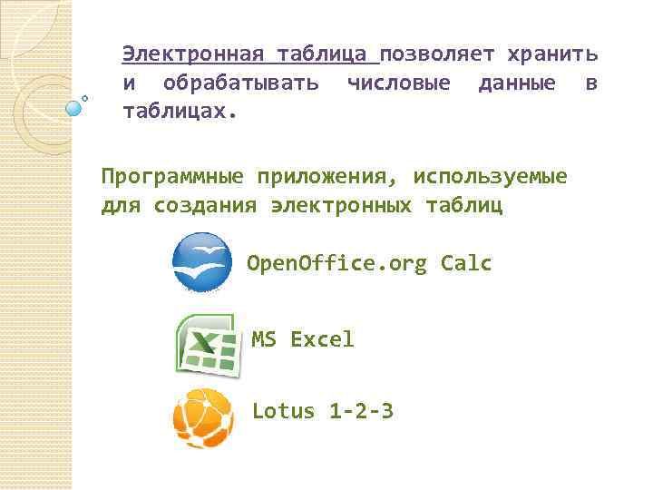 Электронная таблица позволяет хранить и обрабатывать числовые данные в таблицах. Программные приложения, используемые для