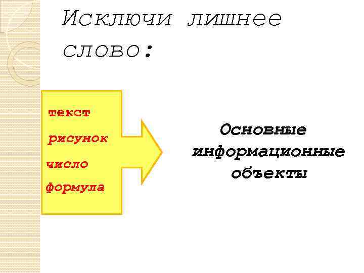 Исключи лишнее слово: текст рисунок число формула Основные информационные объекты 