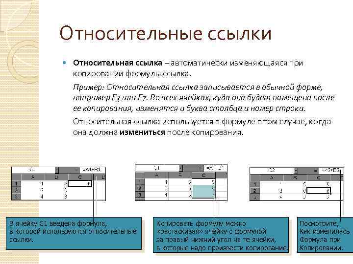 Относительные ссылки Относительная ссылка – автоматически изменяющаяся при копировании формулы ссылка. Пример: Относительная ссылка