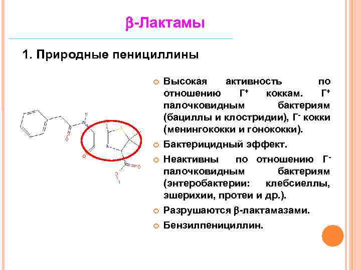  -Лактамы 1. Природные пенициллины Высокая активность по отношению Г+ коккам. Г+ палочковидным бактериям