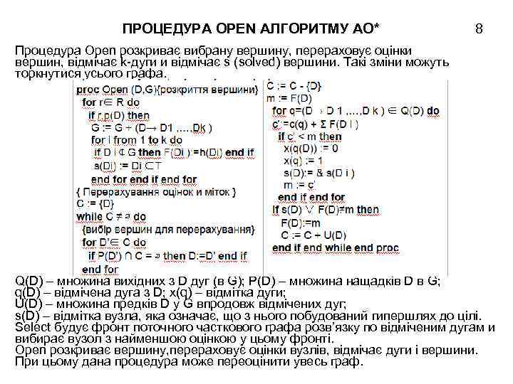 ПРОЦЕДУРА ОPEN АЛГОРИТМУ АО* 8 Процедура Оpen розкриває вибрану вершину, перераховує оцінки вершин, відмічає