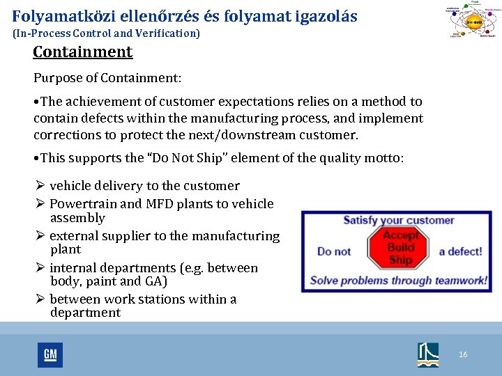 Folyamatközi ellenőrzés és folyamat igazolás (In-Process Control and Verification) Containment Purpose of Containment: •