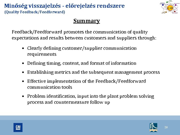 Minőség visszajelzés - előrejelzés rendszere (Quality Feedback/Feedforward) Summary Feedback/Feedforward promotes the communication of quality