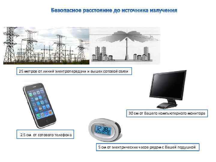 25 метров от линий электропередачи и вышек сотовой связи 30 см от Вашего компьютерного