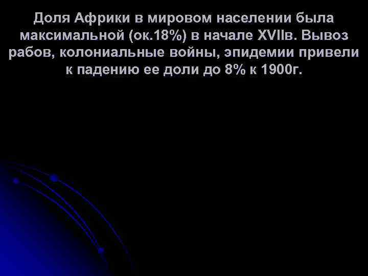Доля Африки в мировом населении была максимальной (ок. 18%) в начале XVIIв. Вывоз рабов,
