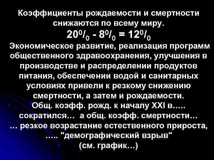 Коэффициенты рождаемости и смертности снижаются по всему миру. 200/0 80/0 = 120/0 Экономическое развитие,