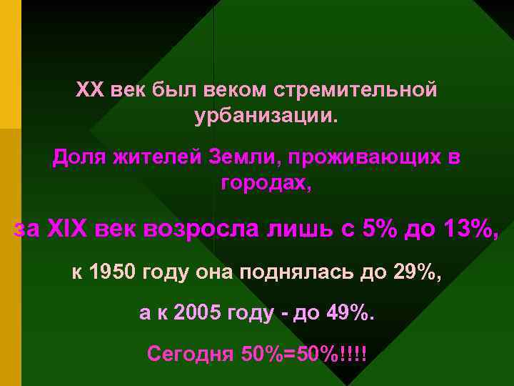 ХХ век был веком стремительной урбанизации. Доля жителей Земли, проживающих в городах, за XIX