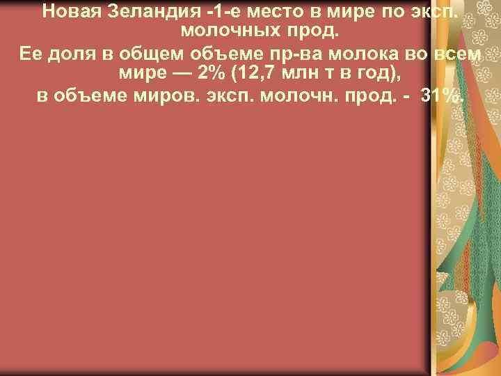 Новая Зеландия -1 -е место в мире по эксп. молочных прод. Ее доля в