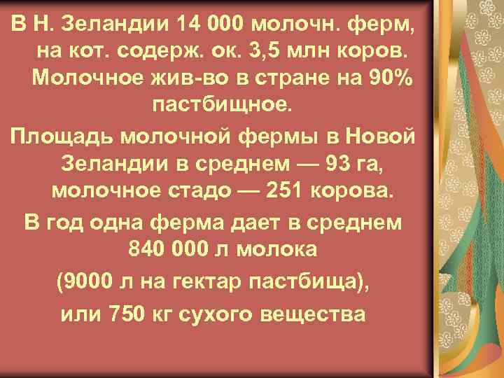 В Н. Зеландии 14 000 молочн. ферм, на кот. содерж. ок. 3, 5 млн