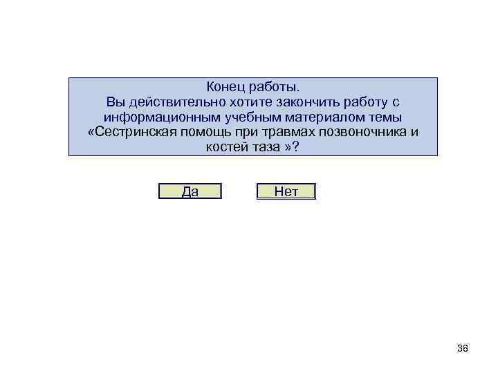 Конец работы. Вы действительно хотите закончить работу с информационным учебным материалом темы «Сестринская помощь