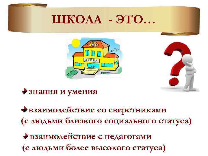 ШКОЛА - ЭТО… знания и умения взаимодействие со сверстниками (с людьми близкого социального статуса)