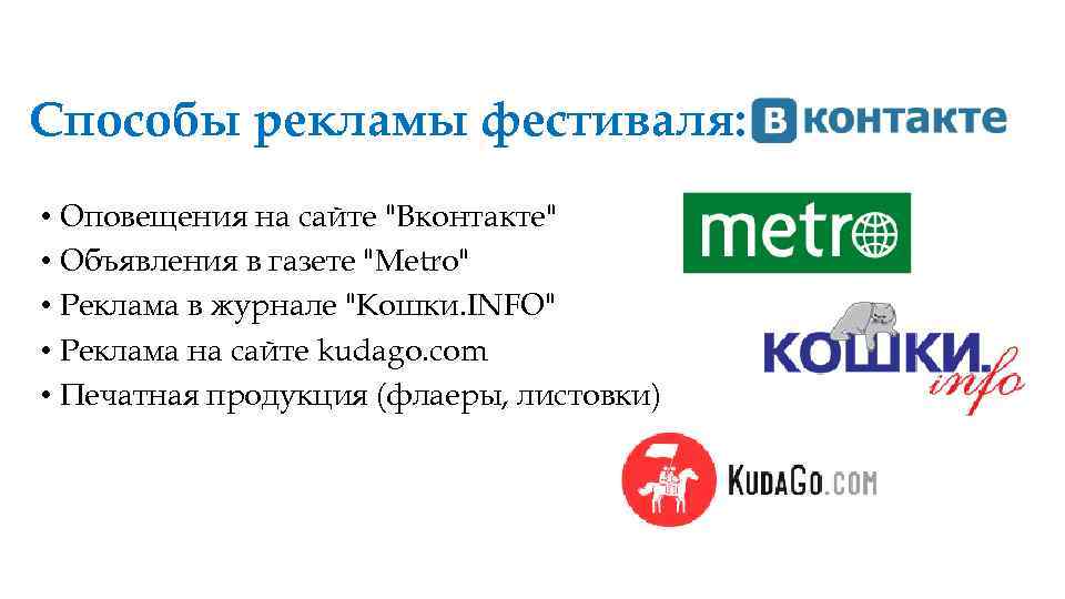 Способы рекламы фестиваля: • Оповещения на сайте 