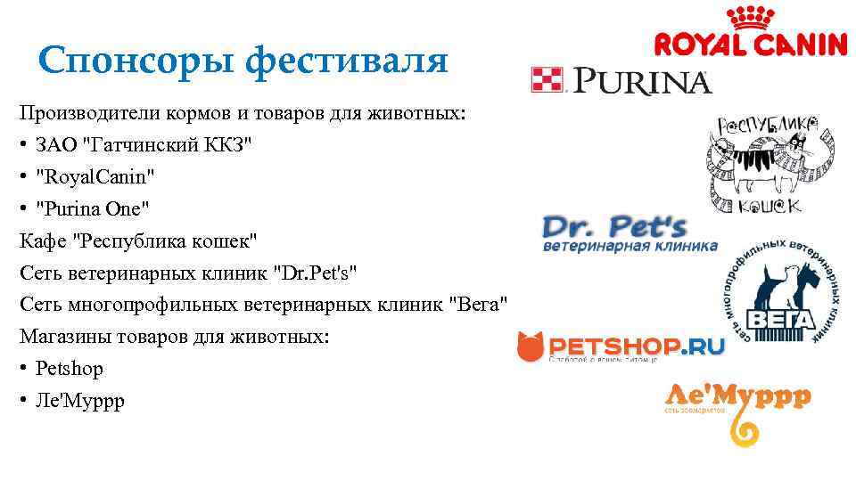Спонсоры фестиваля Производители кормов и товаров для животных: • ЗАО 