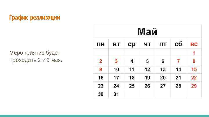 График реализации Мероприятие будет проходить 2 и 3 мая. 