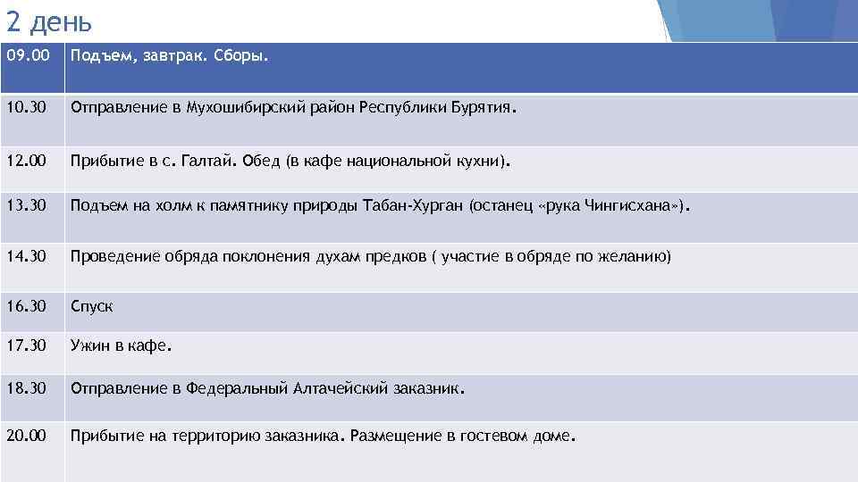 2 день 09. 00 Подъем, завтрак. Сборы. 10. 30 Отправление в Мухошибирский район Республики