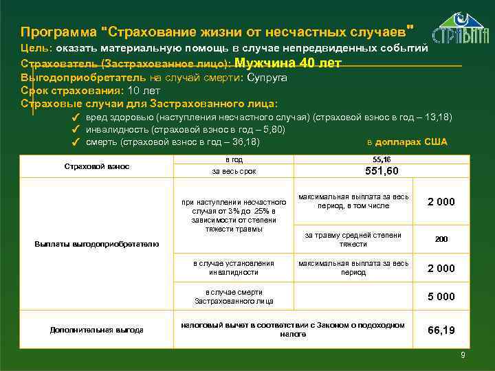 Программа "Страхование жизни от несчастных случаев" Цель: оказать материальную помощь в случае непредвиденных событий