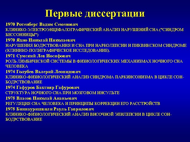 Первые диссертации 1970 Ротенберг Вадим Семенович КЛИНИКО-ЭЛЕКТРОЭНЦЕФАЛОГРАФИЧЕСКИЙ АНАЛИЗ НАРУШЕНИЙ СНА (