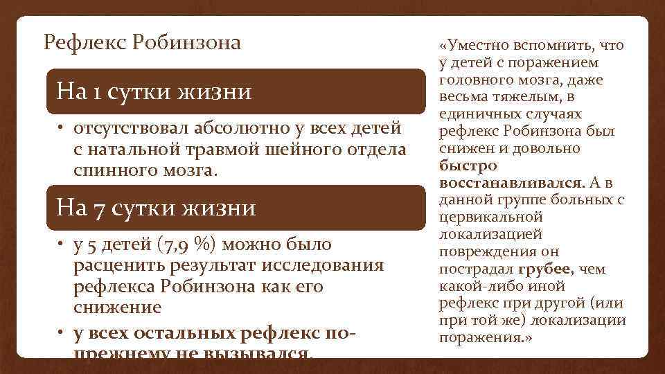 Рефлекс Робинзона На 1 сутки жизни • отсутствовал абсолютно у всех детей с натальной