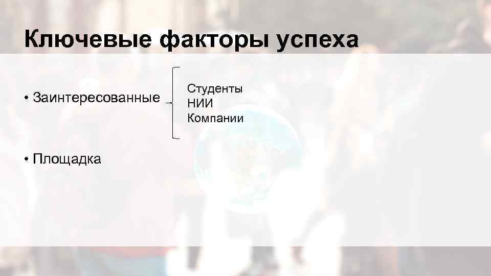 Ключевые факторы успеха • Заинтересованные • Площадка Студенты НИИ Компании 