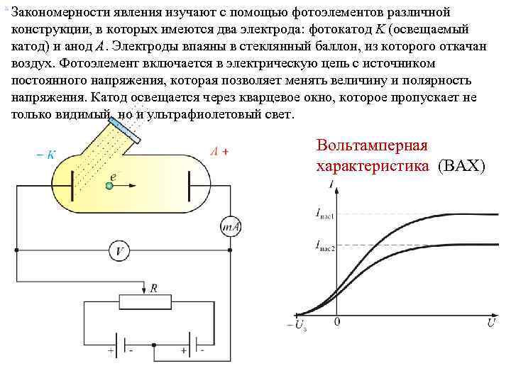 х Закономерности явления изучают с помощью фотоэлементов различной конструкции, в которых имеются два электрода: