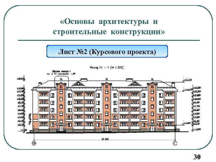 «Основы архитектуры и строительные конструкции» Лист № 2 (Курсового проекта) 30 