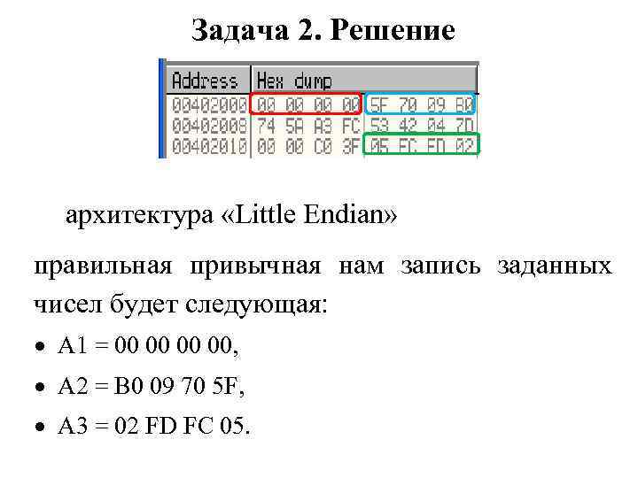 Задача 2. Решение архитектура «Little Endian» правильная привычная нам запись заданных чисел будет следующая: