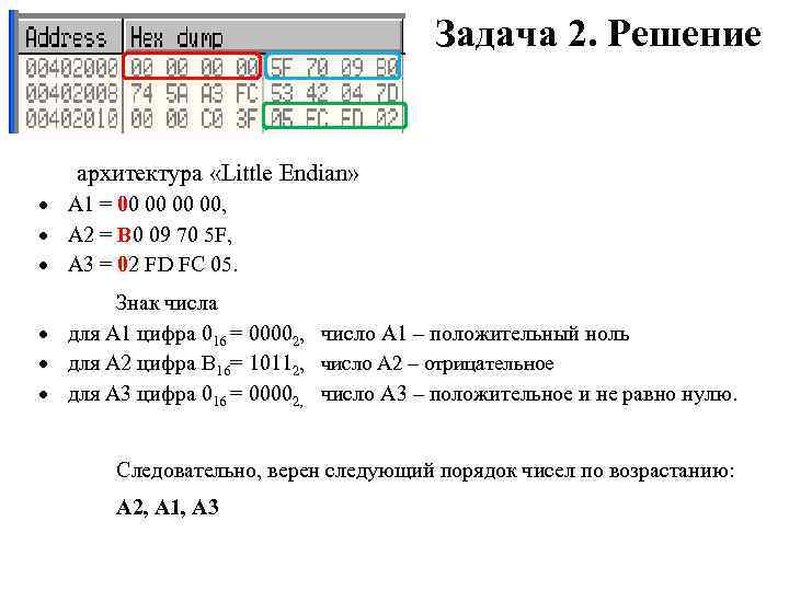 Задача 2. Решение архитектура «Little Endian» А 1 = 00 00, А 2 =