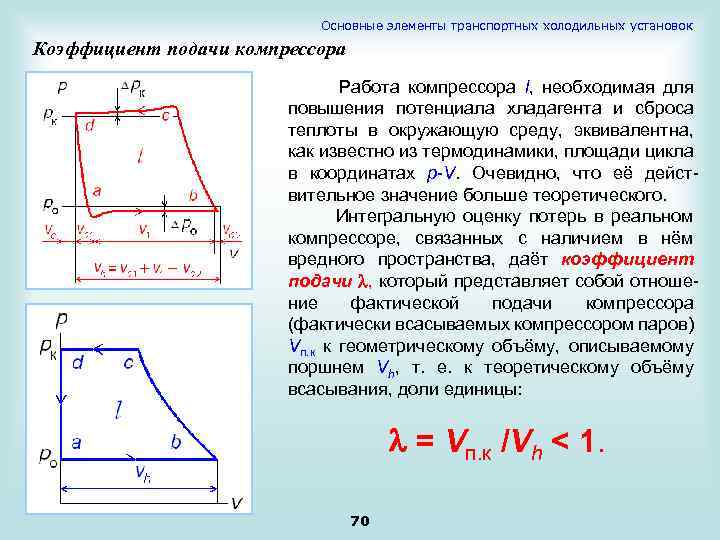 Основные элементы транспортных холодильных установок Коэффициент подачи компрессора Работа компрессора l, необходимая для повышения