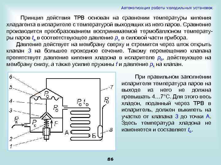 Автоматизация работы холодильных установок Принцип действия ТРВ основан на сравнении температуры кипения хладагента в