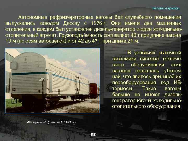 Вагоны-термосы Автономные рефрижераторные вагоны без служебного помещения выпускались заводом Дессау с 1976 г. Они