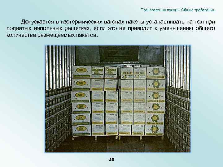 Транспортные пакеты. Общие требования Допускается в изотермических вагонах пакеты устанавливать на пол при поднятых